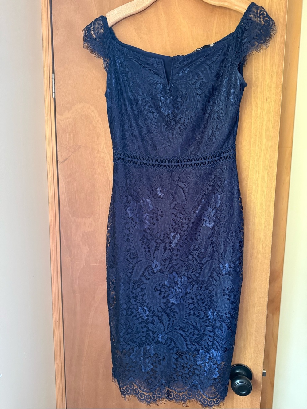 Navy Lace Off-Shoulder Sheath Dress